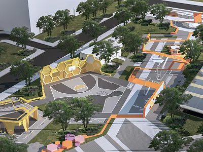 Modern Park Landscape Design With Hexagonal Structures Orange Yellow Elements Trees And Walkways 3d model