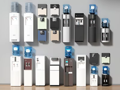 Various Water Dispensers Different Colors Styles Wall Mounted and Floor Standing as Essential Household Appliances 3d model