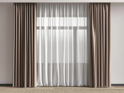 Elegant Brown Curtains With White Sheer Panels For Modern Window Interior Design 3d model