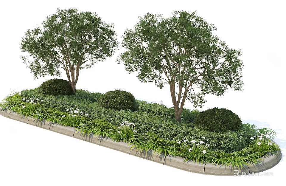 Two Tall Trees In Landscaped Garden With Lush Green Bushes White Flowers And Stone Border 3d model 