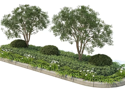 Two Tall Trees In Landscaped Garden With Lush Green Bushes White Flowers And Stone Border 3d model