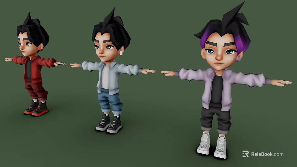 Cartoon Game Movie Characters With Stylish Hairstyles Different Outfits And Extended Arms 3d model 