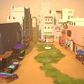 Cartoon Village Alley Scene With Colorful Buildings Market Stalls And Stone Path