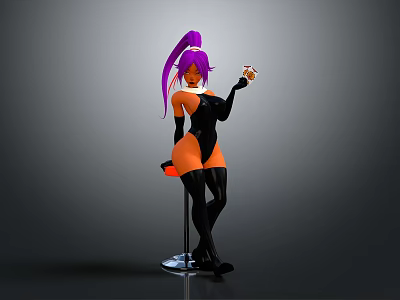 3D Character With Purple Ponytail In Orange Black Bodysuit Sitting On Bar Stool Holding Glass 3d model