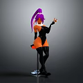 3D Character With Purple Ponytail In Orange Black Bodysuit Sitting On Bar Stool Holding Glass