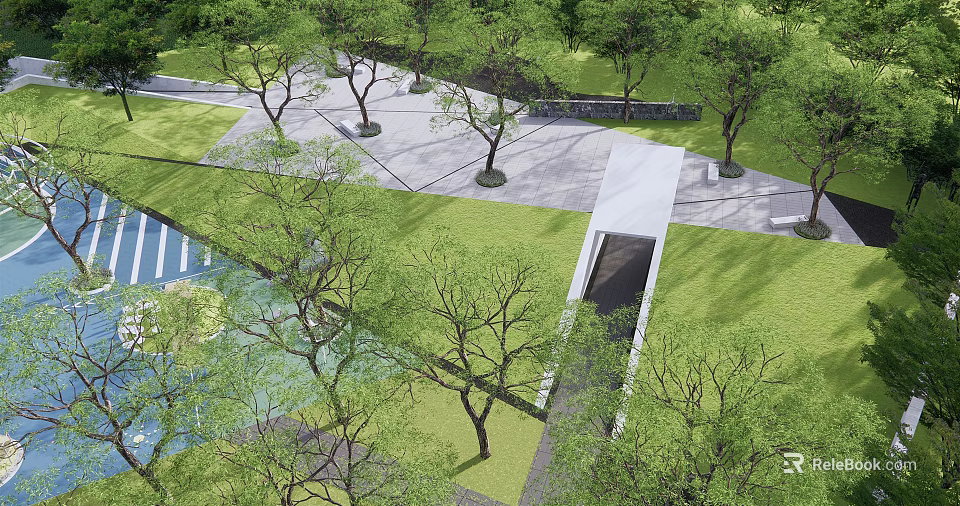 Residential Landscape Design With Lush Green Lawn Trees And Water Feature Pathway 3d model 