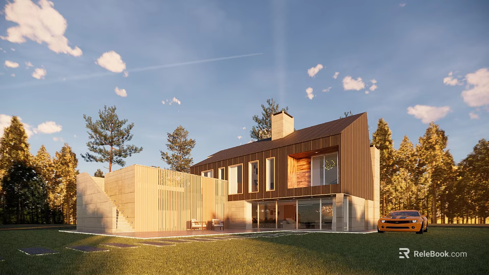 Modern Detached Villa With Wooden Exterior Large Windows Dark Roof And Green Lawn 3d model 