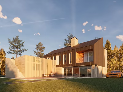 Modern Detached Villa With Wooden Exterior Large Windows Dark Roof And Green Lawn 3d model