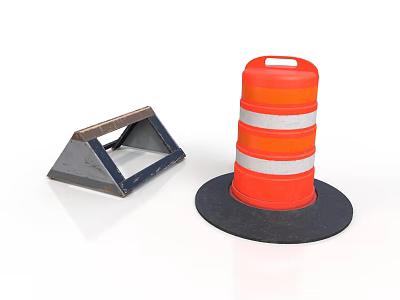 Orange Traffic Cone With Reflective Stripes Black Base And Gray Triangular Metal Road Barrier 3d model