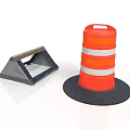 Orange Traffic Cone With Reflective Stripes Black Base And Gray Triangular Metal Road Barrier