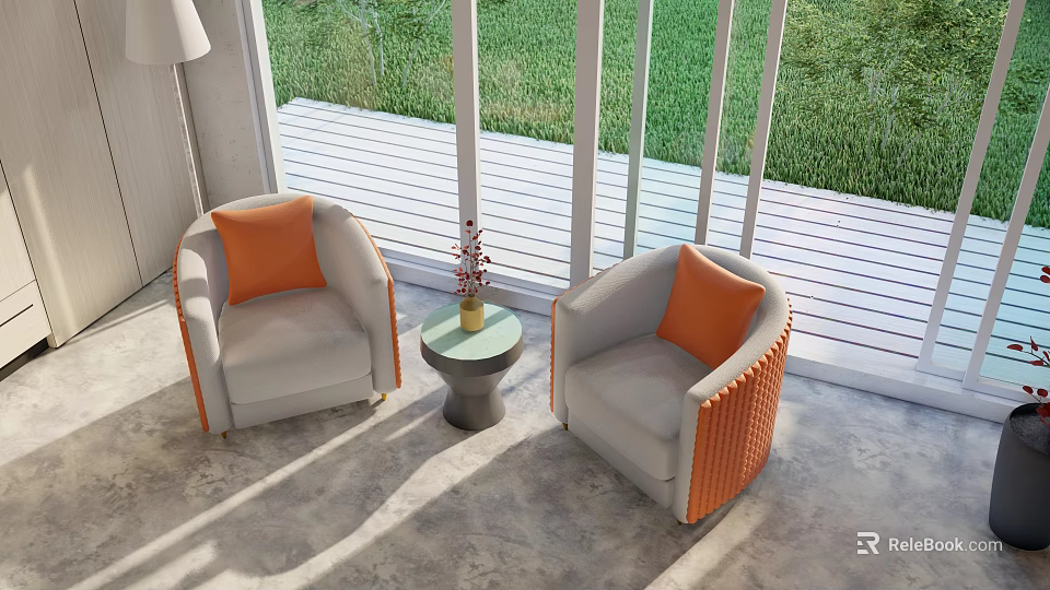Light Gray Single Sofa With Orange Armrests And Cushions By Large Window With Green Grass 3d model