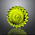 Vibrant Yellow Geometric Spiral Sculpture With Intricate Patterns And Reflective Surface On Dark Background