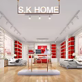 Modern Home Store Showcasing Bedding Furniture And Home Goods With Red White Shelves