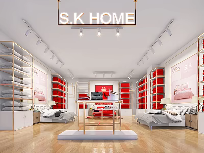 Modern Home Store Showcasing Bedding Furniture And Home Goods With Red White Shelves 3d model