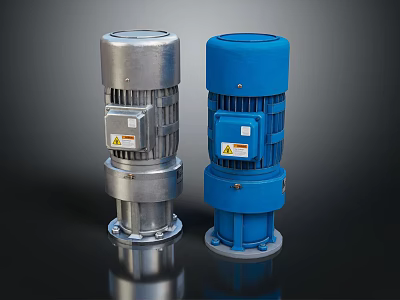 Silver and Blue Industrial Electric Gear Motors with Metal Housing and Warning Labels 3d model