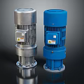 Silver and Blue Industrial Electric Gear Motors with Metal Housing and Warning Labels