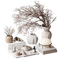 Elegant Modern Decorative Ornament Set With Vases Twig Branches Stacked Books Mug And Oil Bottle