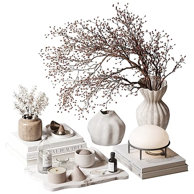 Elegant Modern Decorative Ornament Set With Vases Twig Branches Stacked Books Mug And Oil Bottle 3d model