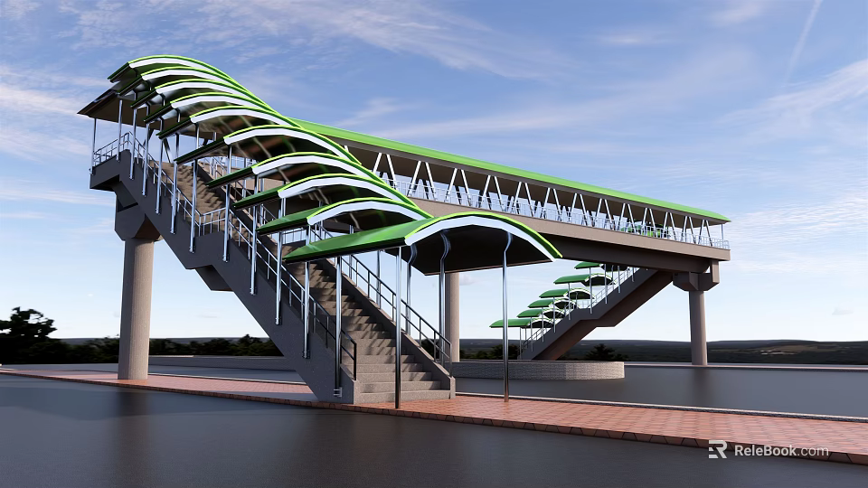 Modern Pedestrian Bridge With Green Curved Canopy Steel Structure Staircase And Open Sky View 3d model 