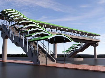 Modern Pedestrian Bridge With Green Curved Canopy Steel Structure Staircase And Open Sky View 3d model