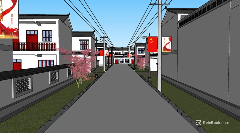 Road Facilities in Traditional Village With Red Flags Lamp Posts and Pink Trees 3d model 