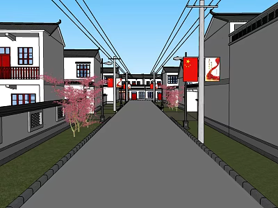Road Facilities in Traditional Village With Red Flags Lamp Posts and Pink Trees 3d model
