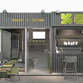 Modern Cafe Exterior And Interior With Metal Structure Green Cabinets And Outdoor Seating
