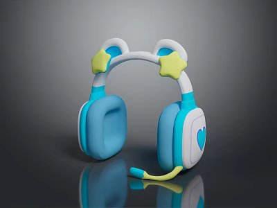 Cute Computer Headphones with Blue and White Design Yellow Star Accents and Built in Microphone 3d model