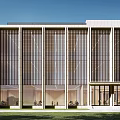 Modern Multi Story Office Building With Glass Curtain Wall Red Emblems And Front Plaza