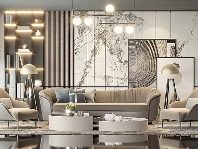 Modern Sofa And Coffee Table Set With Round Tables Floor Lamps Striped Walls And Artwork 3d model