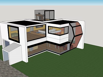 Modern Detached House With Large Glass Windows Flat Roof And Green Lawn 3d model
