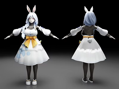 Anime Character With Rabbit Ears White Dress Yellow Bow And Tail Front Back Views 3d model
