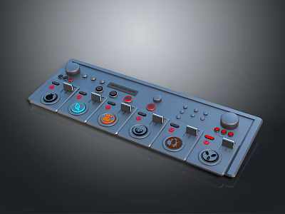 Electronic Control Panel with Multiple Knobs and Colored Buttons for Device Operation 3d model