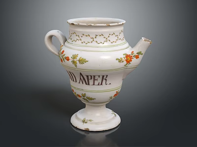 White Ceramic Teapot With Floral Patterns TEA PEK Lettering And Decorative Base 3d model