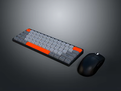 Modern Gray Computer Keyboard With Orange Accents And Black Mouse Set 3d model