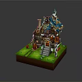 Lego Style Small House Model With Blue Roof Chimney And Staircase On Green Grass Base