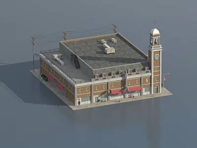 Charming Commercial Street With Two Story Building Bell Tower Red Awnings Shops And Pedestrians 3d model