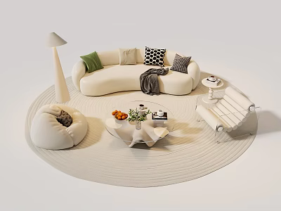Modern Cream Curved Sofa And Coffee Table Combination For Cozy Minimalist Living Room Decor 3d model