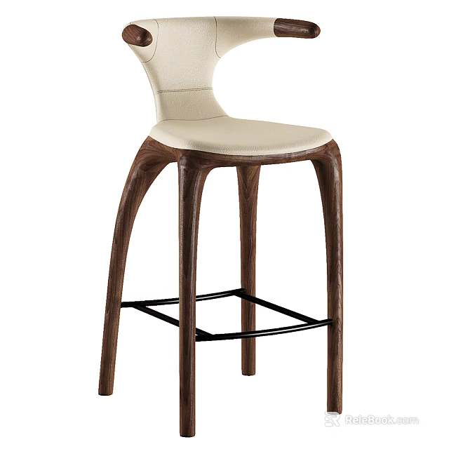 Modern Upholstered Bar Stool With Light Colored Seat And Wooden Legs Black Metal Footrest 3d model 
