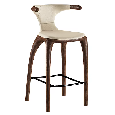 Modern Upholstered Bar Stool With Light Colored Seat And Wooden Legs Black Metal Footrest 3d model