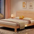Cozy Wooden Double Bed With Striped Bedding Pillows Nightstand Lamp And Rug