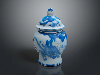Blue and White Ceramic Jar With Intricate Floral Sculptures And Decorative Lid 3d model