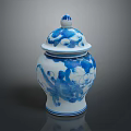 Blue and White Ceramic Jar With Intricate Floral Sculptures And Decorative Lid