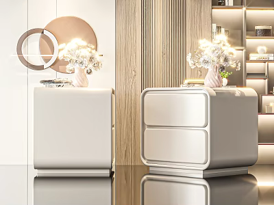 Modern White Nightstands With Drawers And Flower Vases Near Round Mirror On Wooden Wall 3d model