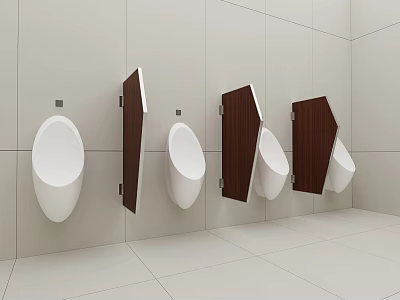 Modern Public Restroom Interior With White Urinals And Wooden Dividers On Tiled Walls 3d model