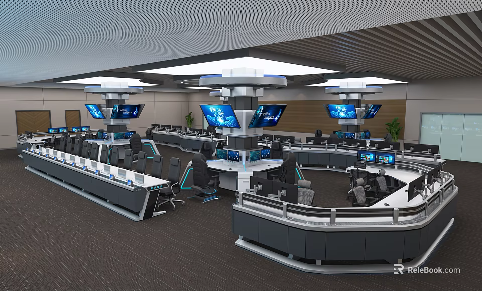 Modern Monitoring Room Interior With Control Consoles Multiple Screens And Workstations 3d model 