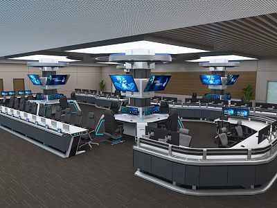 Modern Monitoring Room Interior With Control Consoles Multiple Screens And Workstations 3d model