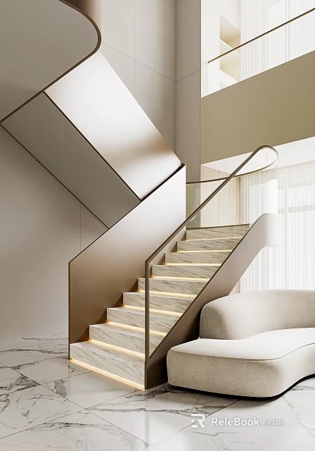 Modern Interior Staircase Design With Marble Steps Lighting And Metal Railing 3d model