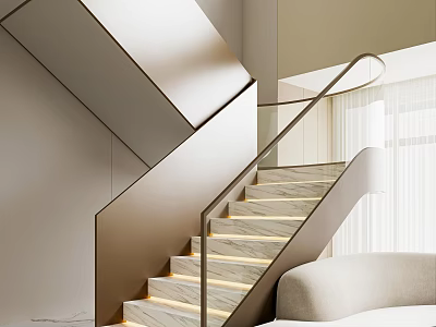 Modern Interior Staircase Design With Marble Steps Lighting And Metal Railing 3d model