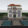 Two Story Classic Detached Villa With Yellow Facade Black Roof Pool Trees And Pathway Lights